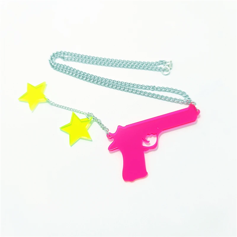 Gun And Stars Super Long Pendant Necklace for Women Men Tassel Silver Color Link Chain Hot Pink Green Punk Rock Acrylic Jewelry