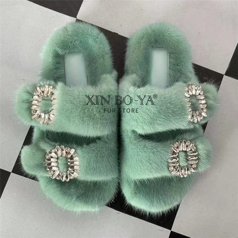 Summer 100% Mink Fur Slippers High-End Luxury Customization 2024 Women\'s Shoes Flat Fashion Flat Heel Luxury Fluffy Sandals