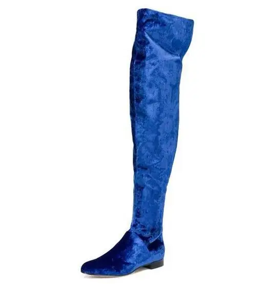 Blue Purple Chocolate Black Pink Solid Velvet Round Toe Over The Knee Flat Casual Boots Woman Classic Slim Thigh Long Botas