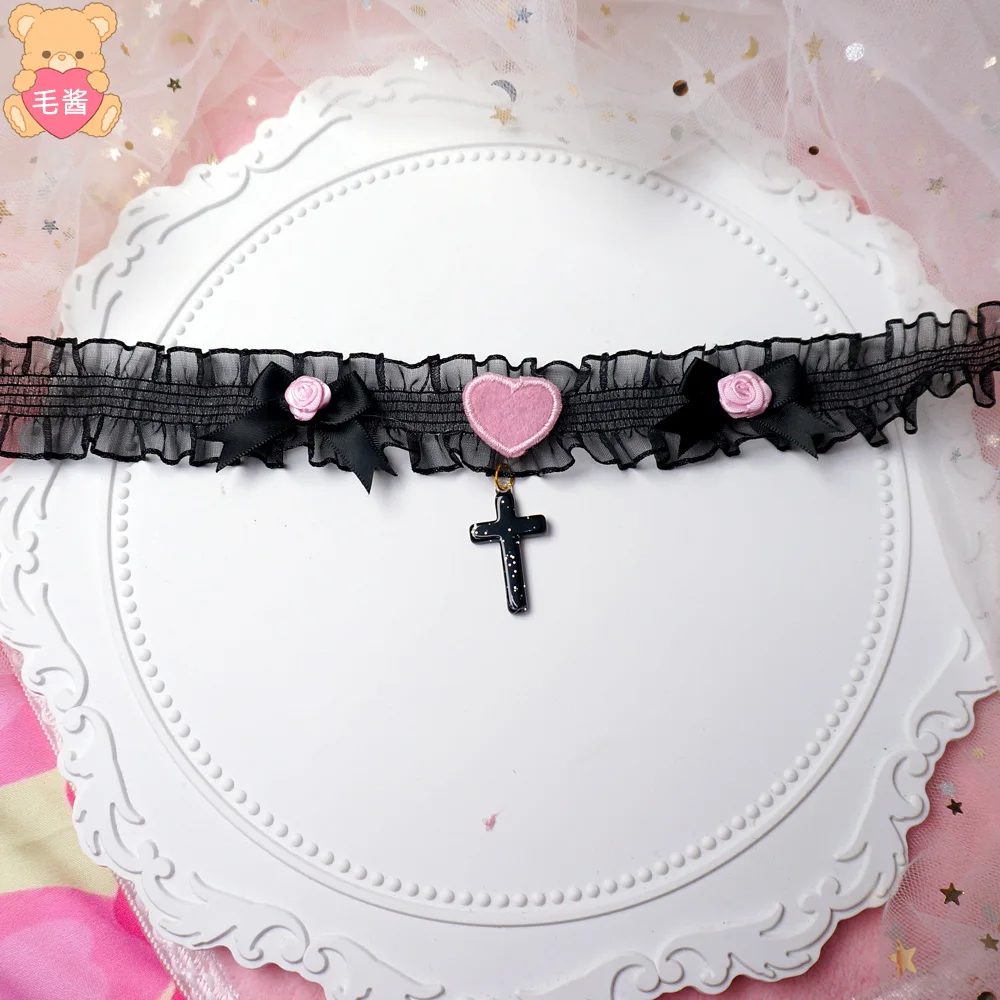 Handmade Black Sweet Girl Pink Black Collar Cute Sweet Lolita Cat's Paw Cross Necklace