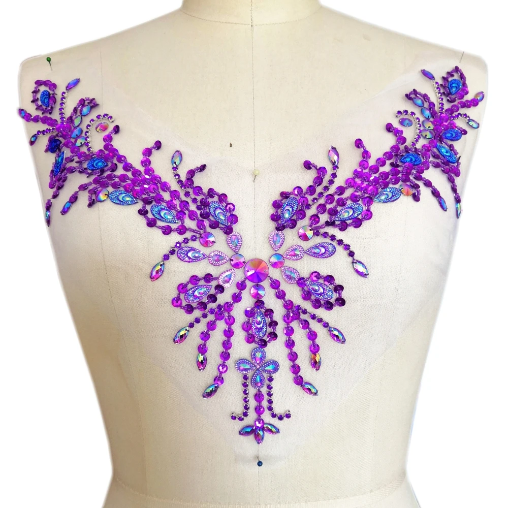 PHOENIX Wing V-Neck Sew On Sequin Mirror Rhinestones Crystal Beaded Trim For Bridal Design Szycie sukienek Aplikacje na ubrania