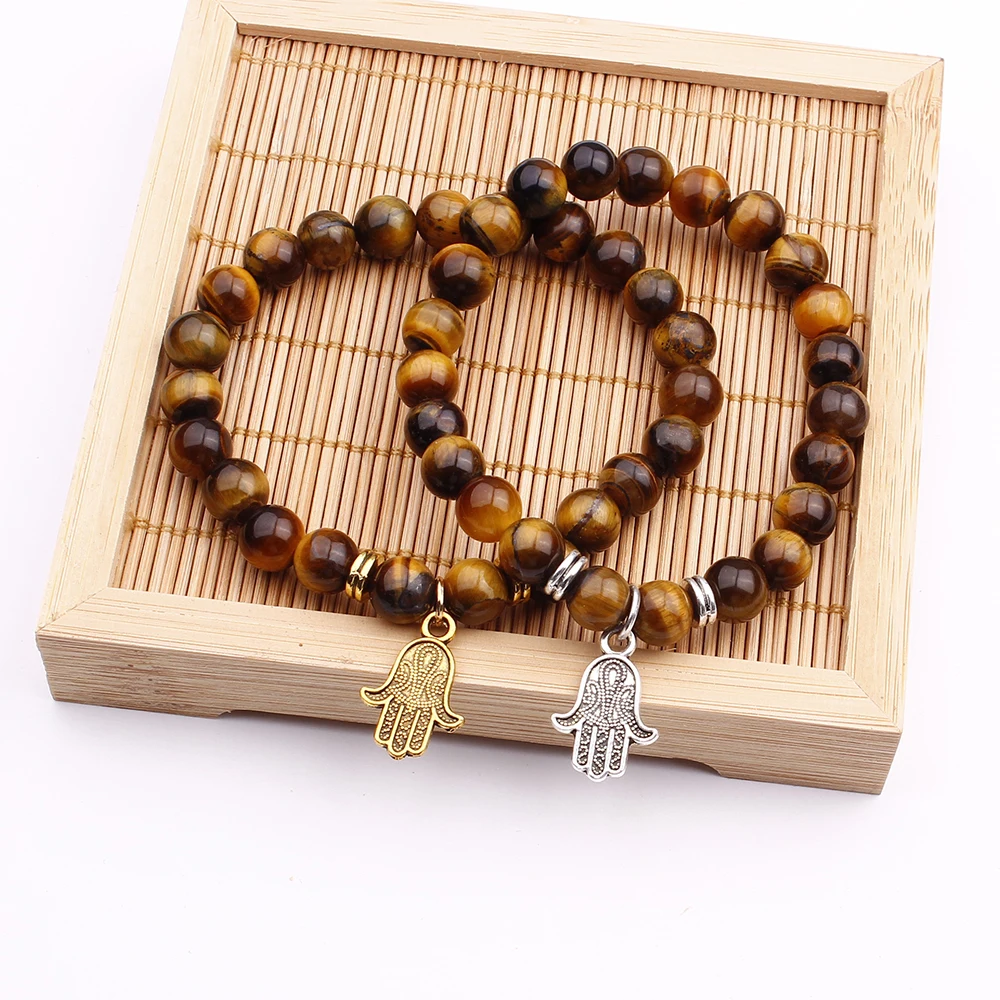 Tiger Eyes Beads Bracelet Men Charm Natural Stone Gold Sliver Hand Of Hassam Braslet For Man Handmade Casual Jewelry