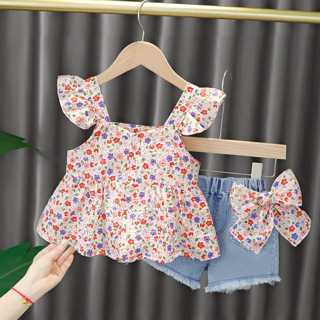 2021 Newborn baby Girl summer clothes outfit sets floral sling shirt bow denim shorts suit for 1 year baby girl birthday sets