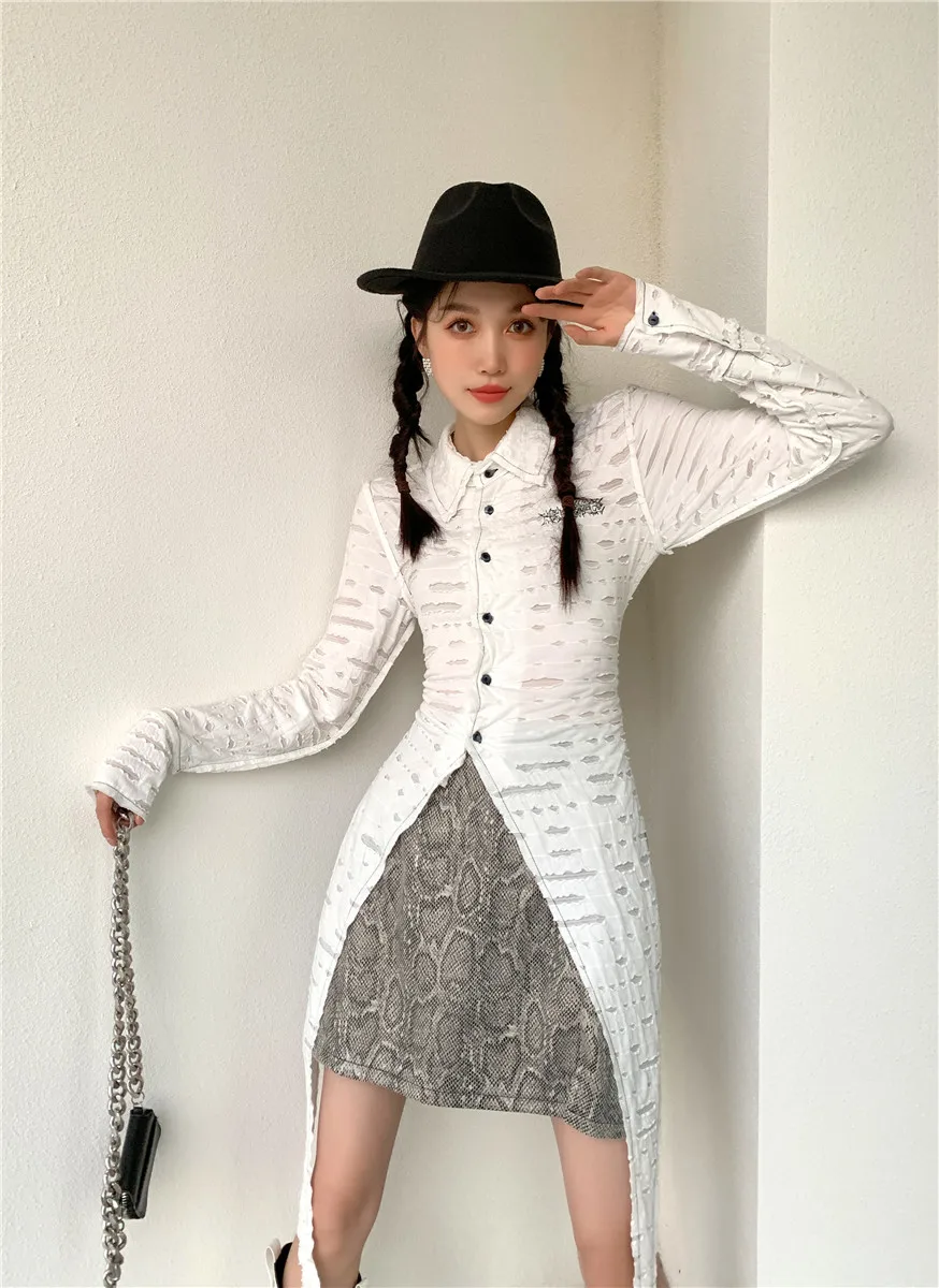 CHEERART 2021 Fashion Long Blouse Women Cotton Long Sleeve Top Embroidered Letter Ripped Designer Asymmetrical Top Spring