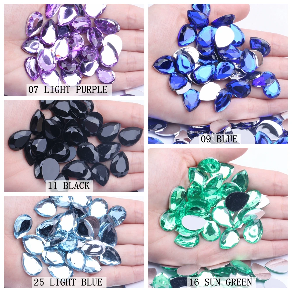 Flat Facets Acrylic Rhinestone 10x14 13x18 18x25mm Tear Shape Many Colors Choose Nail Art Decorations Glue On Garments Crafts