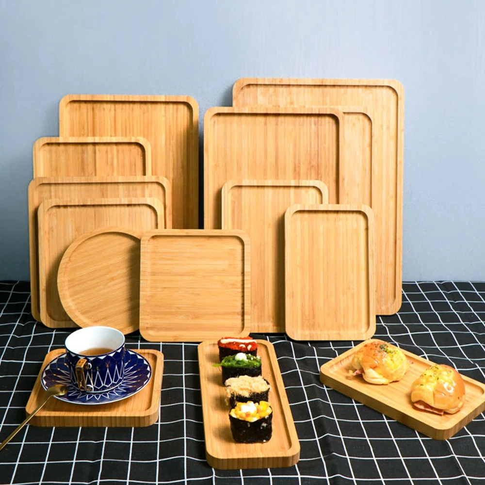 Wooden Bamboo Serving Plate Set Dish Tray Fruit Plate Storage Pallet Kitchen Organizer Dining Bar Supply Dinner Plate Set