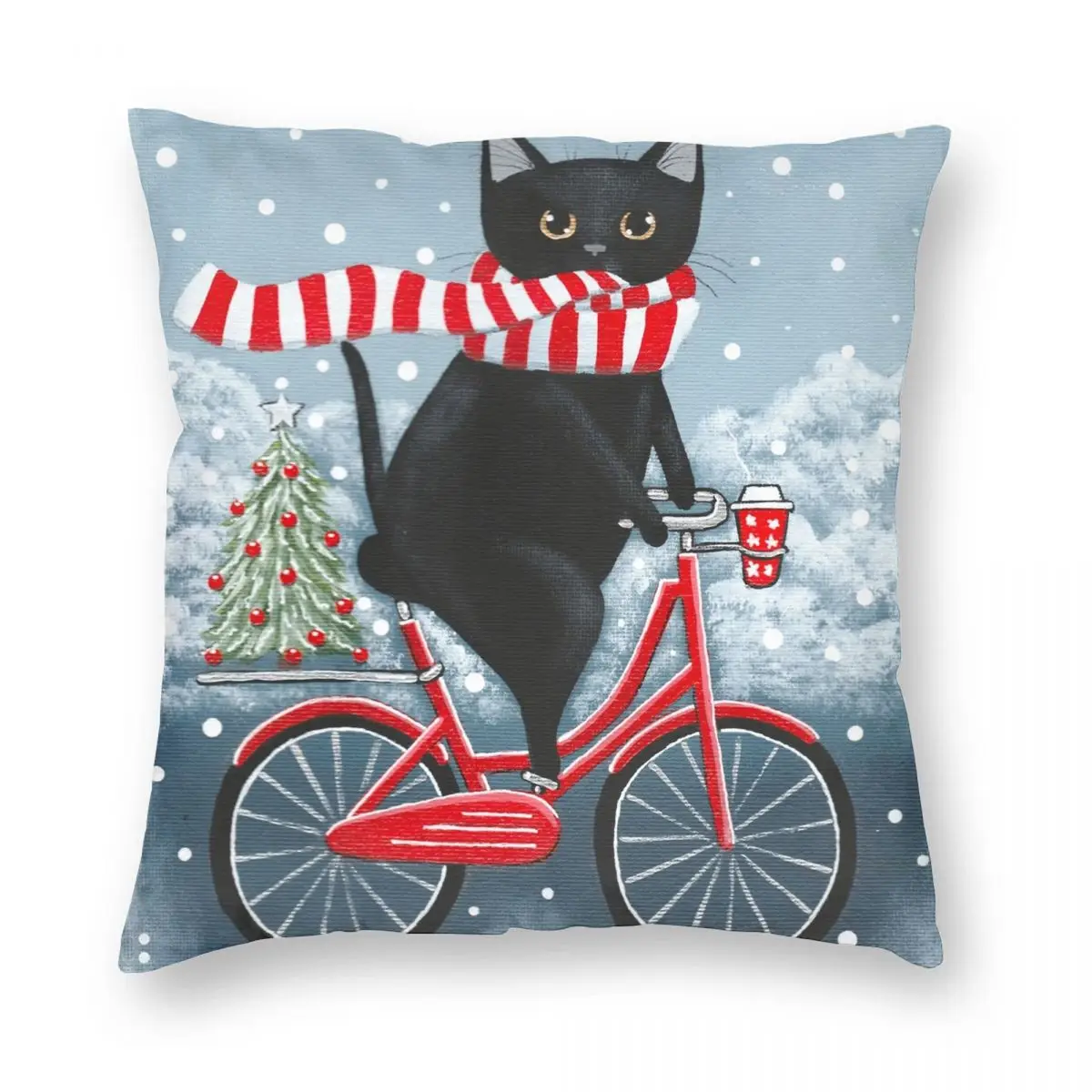 

Black Cat Winter Bicycle Ride Square Pillowcase Polyester Linen Velvet Creative Zip Decor Pillow Case Home Cushion Cover 18"
