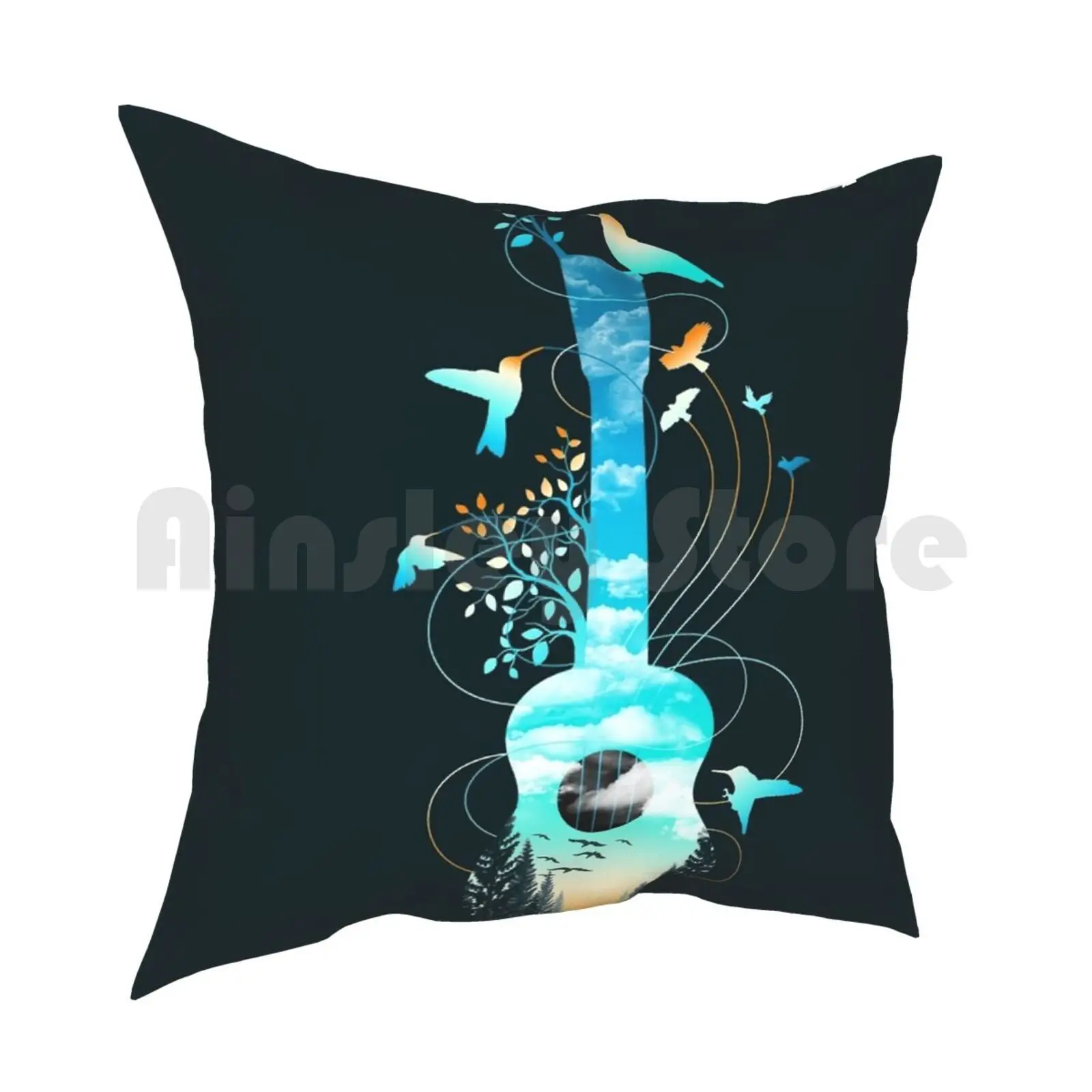 Strings Pillow Case Printed Home Soft DIY Pillow Cover Ukulele String Strings Music Nature Trees Landscape Clouds Birds