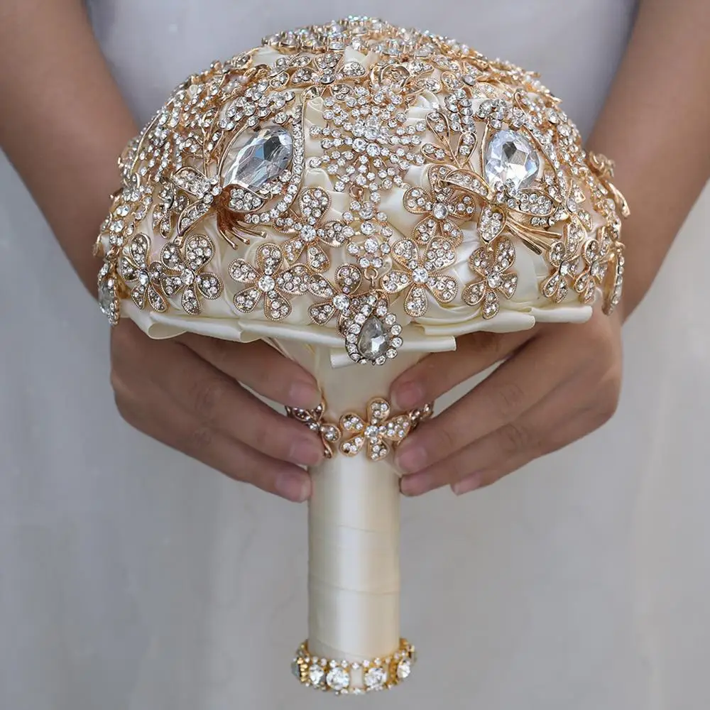 JaneVini-ramo de mano de boda con cuentas doradas de lujo, rosas artificiales de satén de cristal, flores de novia de marfil, accesorios de broche de boda