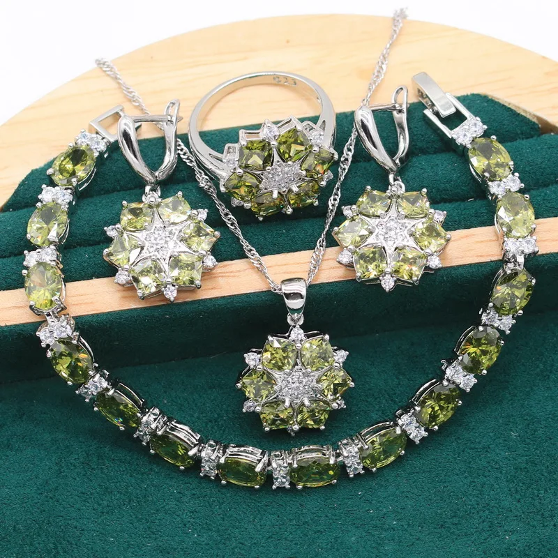 925 Sterling Silver Jewelry Set For Women Wedding Bracelet Earrings Necklace Pendant Bride Ring Olive Green Crystal 4PCS Gift