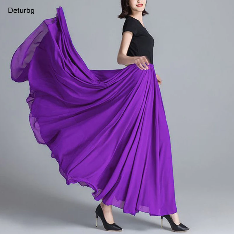 Women's Elegant Big Hem Flowy Maxi Skirt Female High Waist 3 Layers Chiffon Dance Beach A-Line Skirts Saias 2024 Autumn SK840