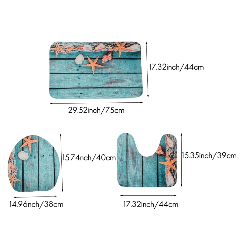 Hot Sale Beach Seashells Starfish Sand Bath Mat Holidays Summer Bathroom Carpet Rug Non-Slip 3 Piece Toilet Mat Set Starfish F