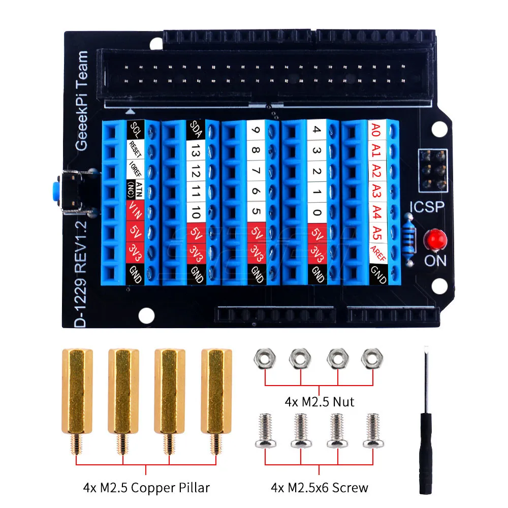 Śruba zaciskowa do płyty rozwojowej Arduino UNO z miedzianym słupkiem nakrętka śruby znacznik etykiety wstępnie lutowana głowica pinowa ICSP