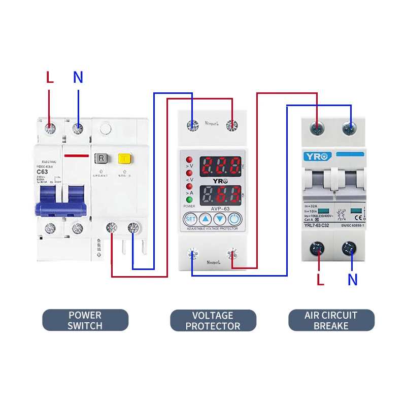 Guida Din doppio Display di corrente di sovratensione regolabile sotto tensione dispositivo di protezione relè di protezione 63A 230V