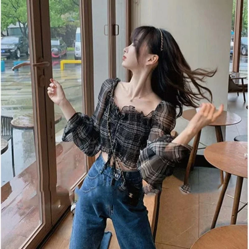 Blouses Women Plaid Square Collar Breathable Cropped Design Holiday Fashion Leisure Elegant All-match Popular Tender New Arrival