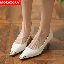 MORAZORA Newest Genuine Leather Shoes Women High Heels Single Shoes Metal Square Toe Slip On Party Wedding Shoes Women Pumps