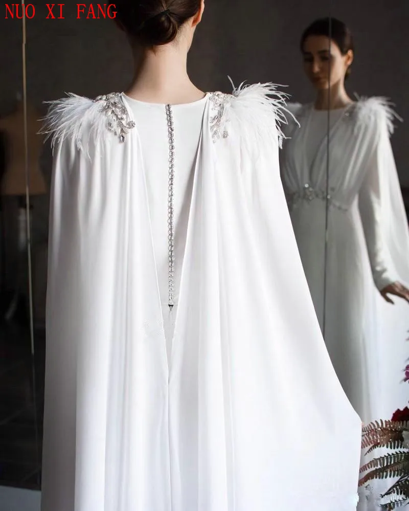 Bianco Robe De Mariage Arabo Musulmano Abito Da Sposa 2020 Manica Lunga di Cristallo Chiffon Abito Da Sposa Con La Piuma Abiti Da Sposa