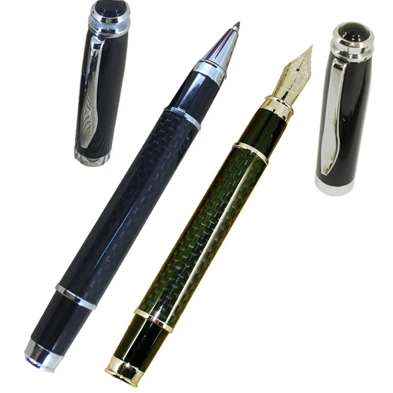 ACMECN 2pcs / lot Black Carbon Fiber Fountain Pen and Liquid ink Roller Pen Set Luxious Office Business Gifts Writing Instrument