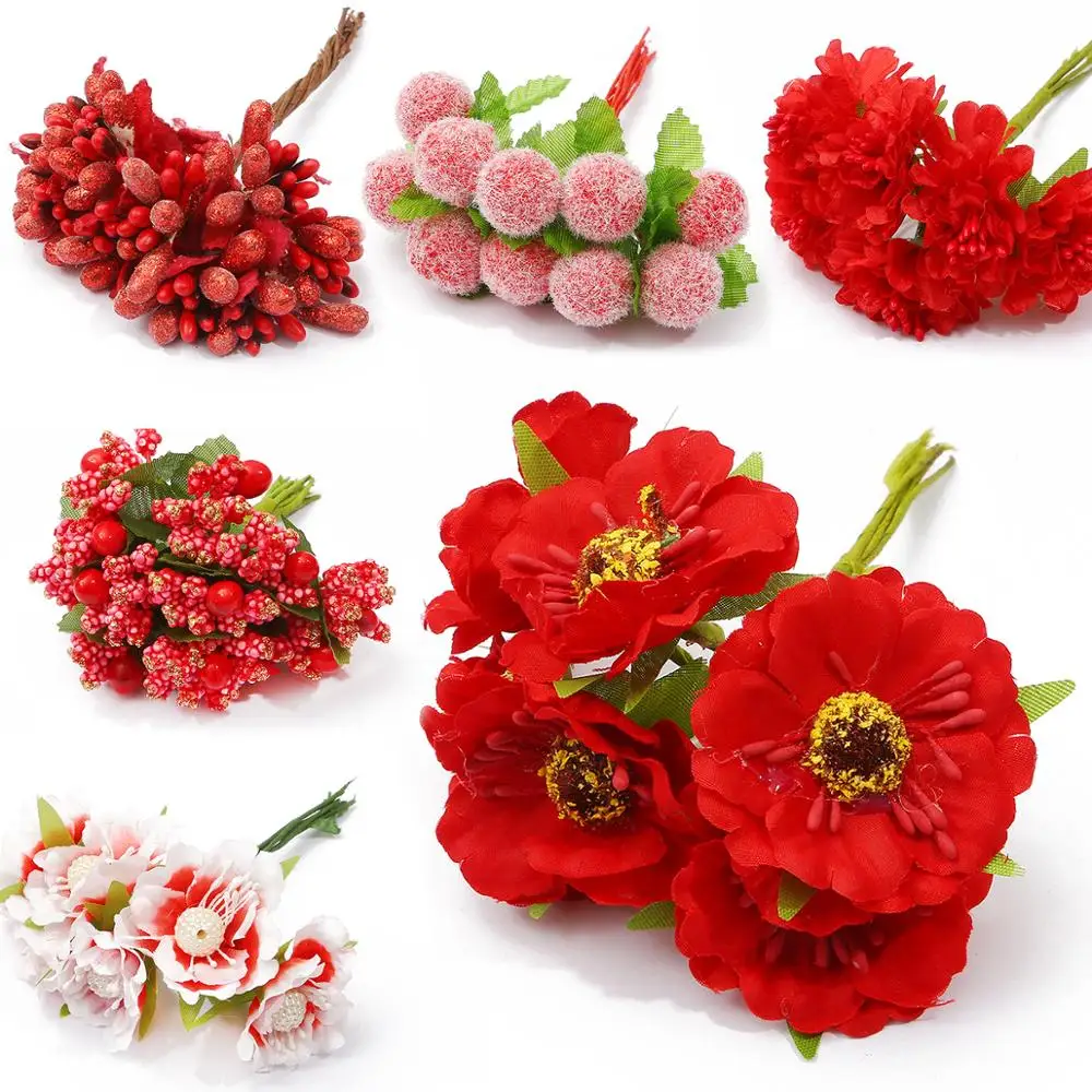 6-144pcs Red Hybrid Artificial Flower Cherry Stamen Berries Bundle DIY Cake Christmas Wedding Decoration Gift Box Wreaths Craft