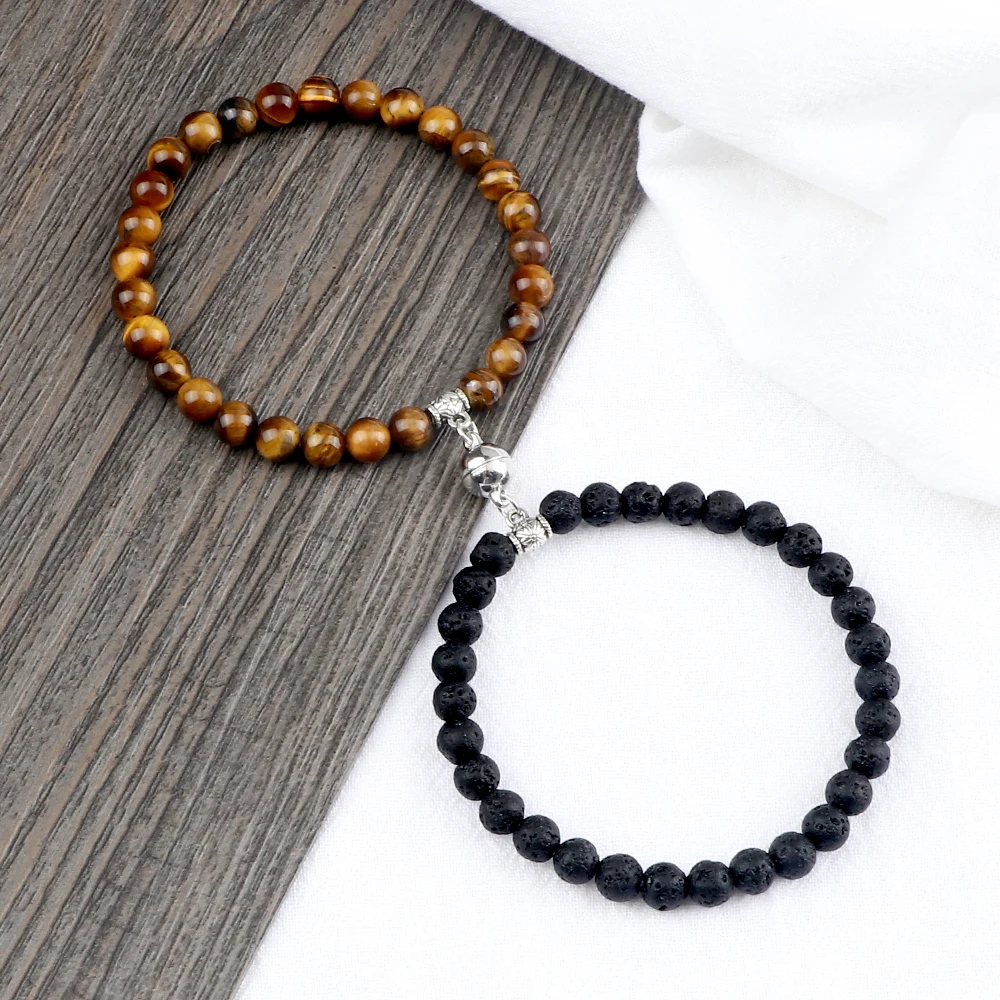 2pcs/set Couple Romantic Magnet Bracelet 6mm Natural Tiger Eye Stone Bracelets Weathered Lava Beads Bangles Friend Gifts Jewelry