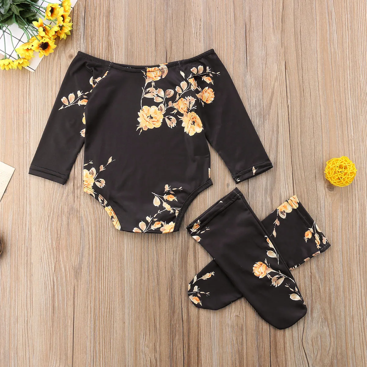 Baby Golden Flower Print Romper 3PCS Newborn Girl Off Shoulder Romper+Leg Warmers Outfit Clothes Set Baby Clothing