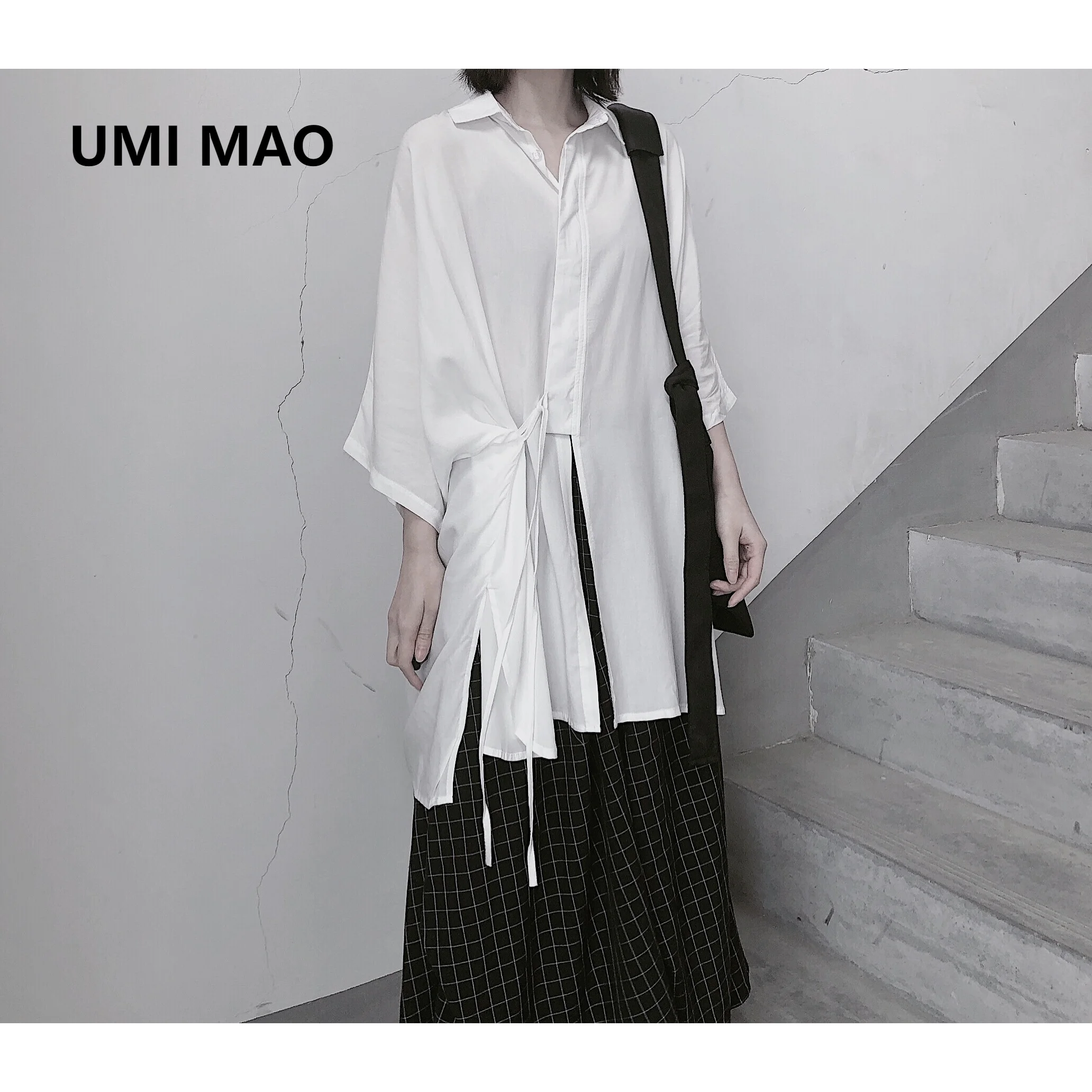 UMI MAO 2022 Yamamoto-style Diagonal Lace-up Shirt Thin Bat-sleeve Draped Top Was Thin