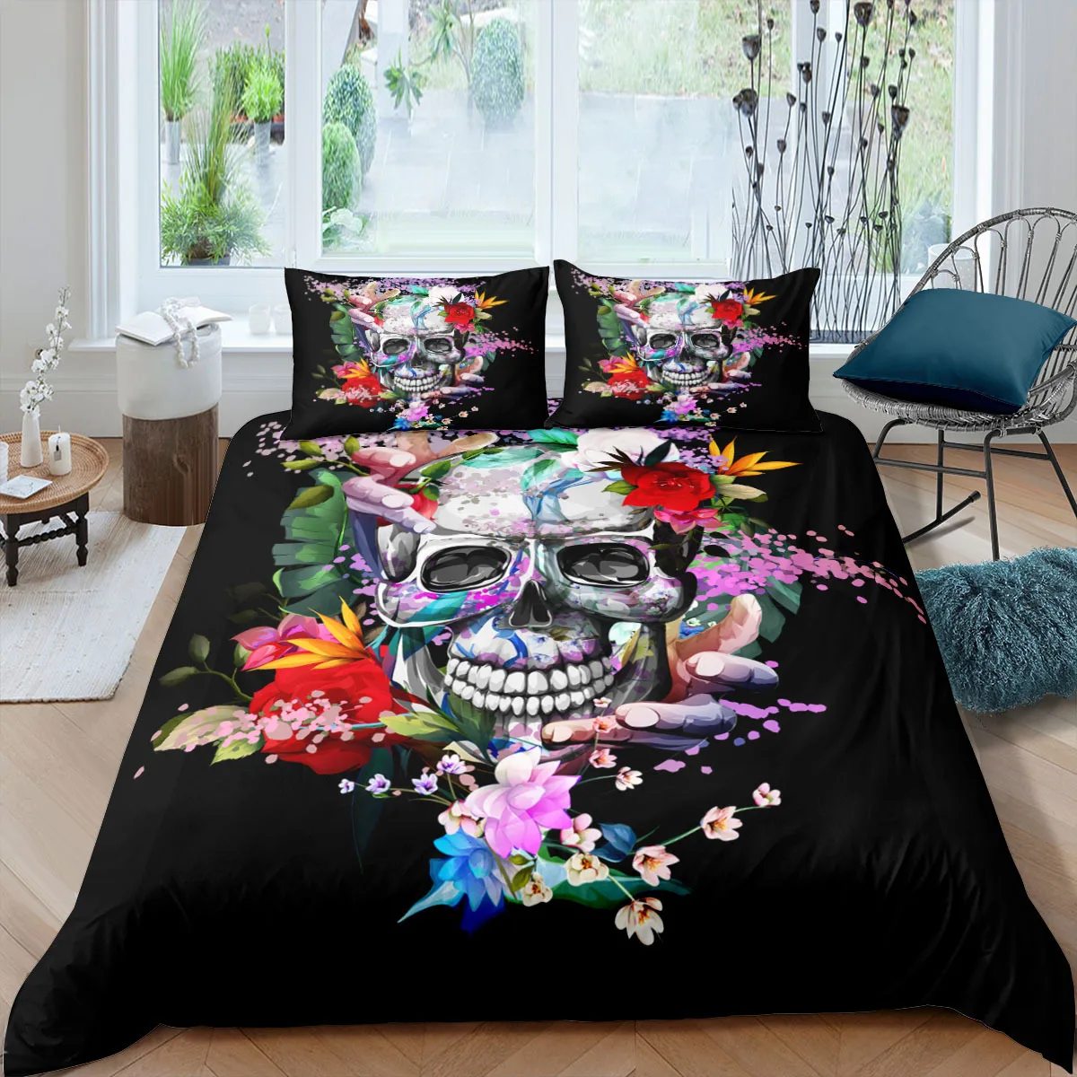 3D Sugar Skull Bedding Sets King Size Luxury Flower Skull Duvet Cover and Pillowcase Set Quilt Cover Bed Set Queen Home Textile