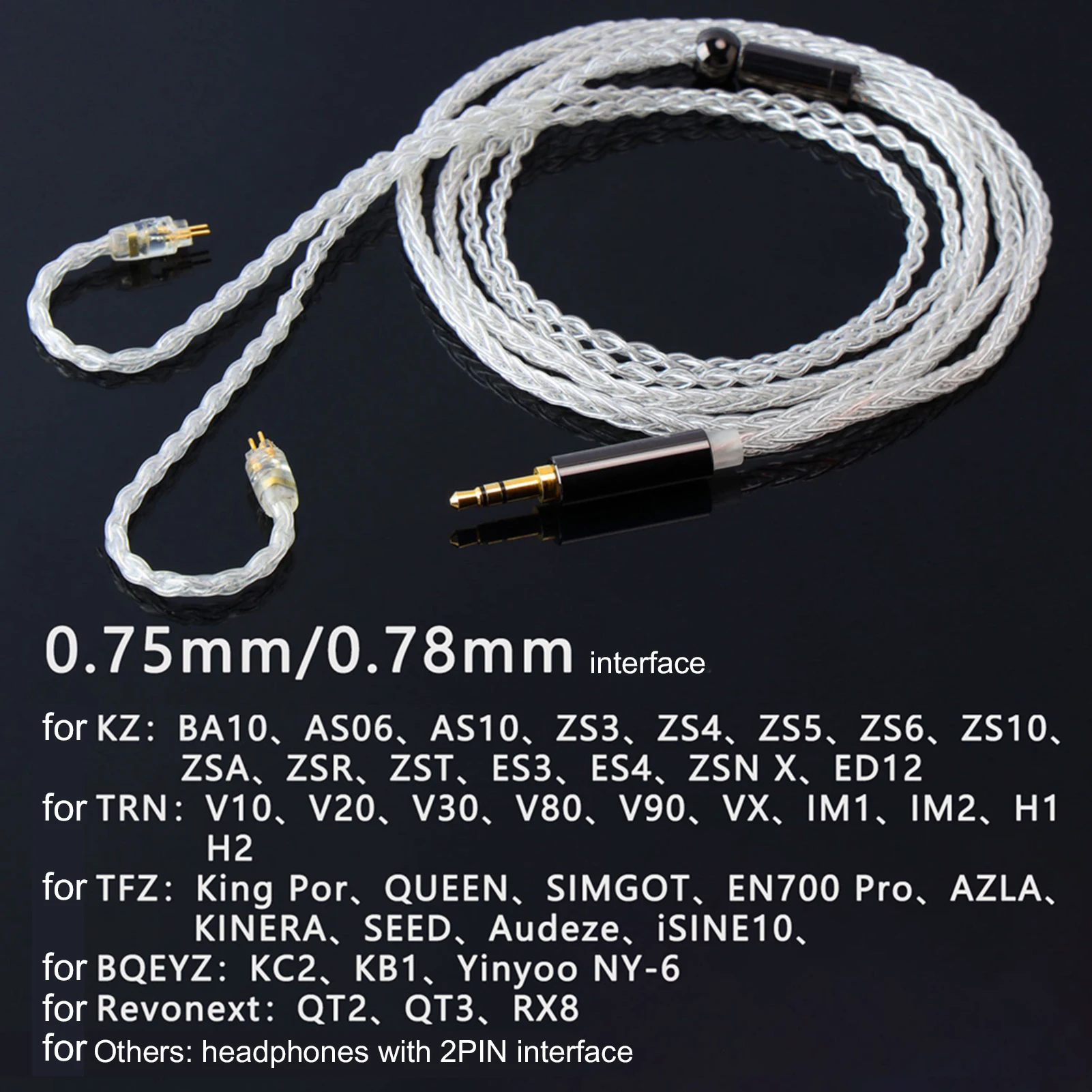 JCALLY ZSN/ZST/ZS10/AS10/ES3 Silver-plated Braided Wire Earphone Cable Cord for KZ BA10 AS06 AS10 ZS3 with 2PN Interface