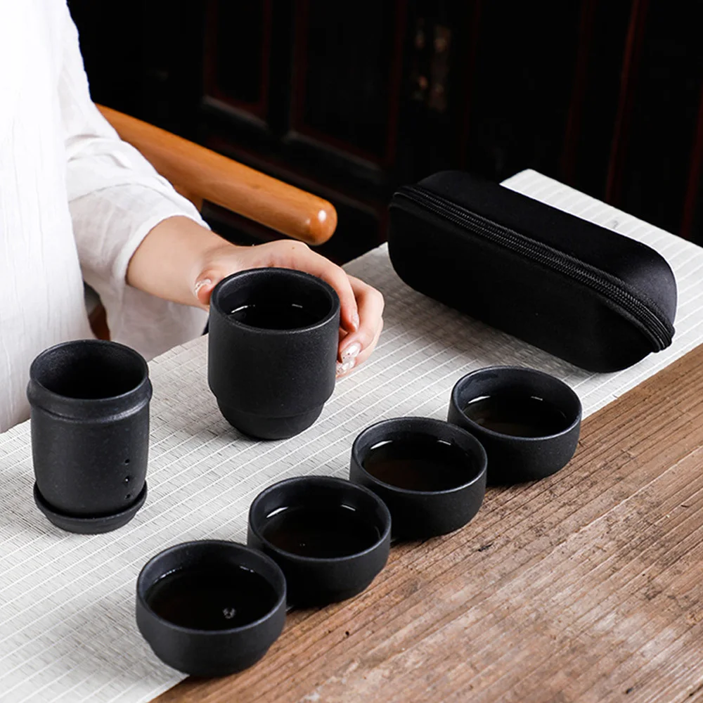 HMLOVE Black Ceramic Teawear 1 Pot 4 Cups Gaiwan Chinese Kung Fu Tea Portable Travel Set Business Gift Teapot 160ML