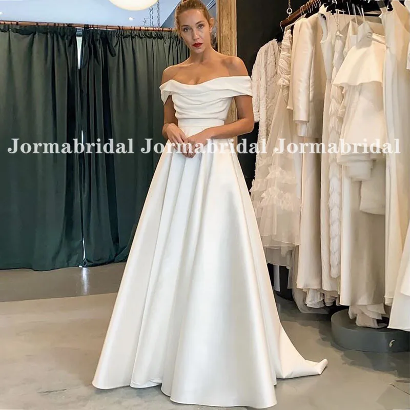 Vestidos De Novia clásicos con hombros descubiertos, satinados, plisados, marfil, para playa, hasta el suelo