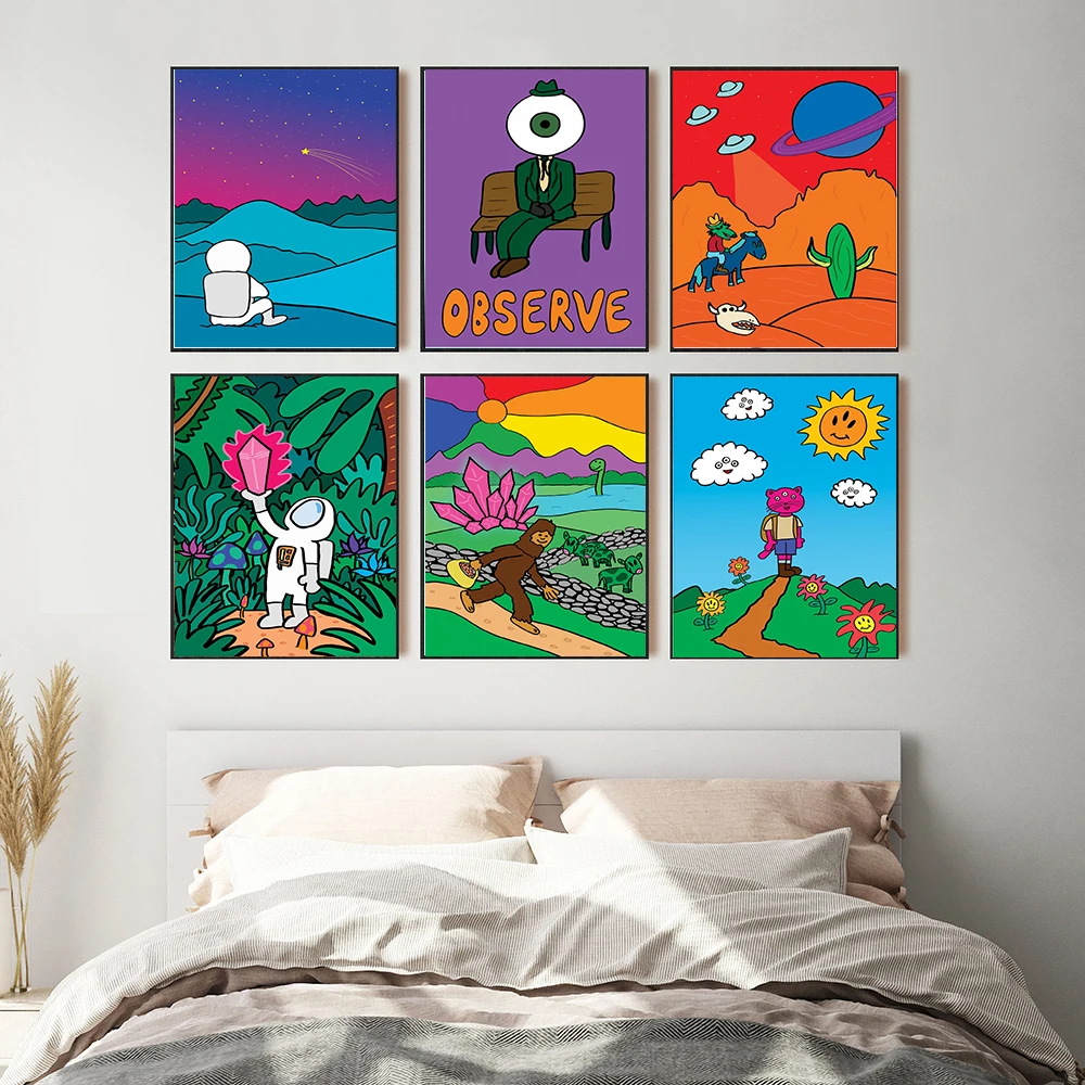 Vintage Space Crystal Poster Countryside Cartoon Animal Wall Art Canvas Painting Modern Science Fiction Pictures Home Decor