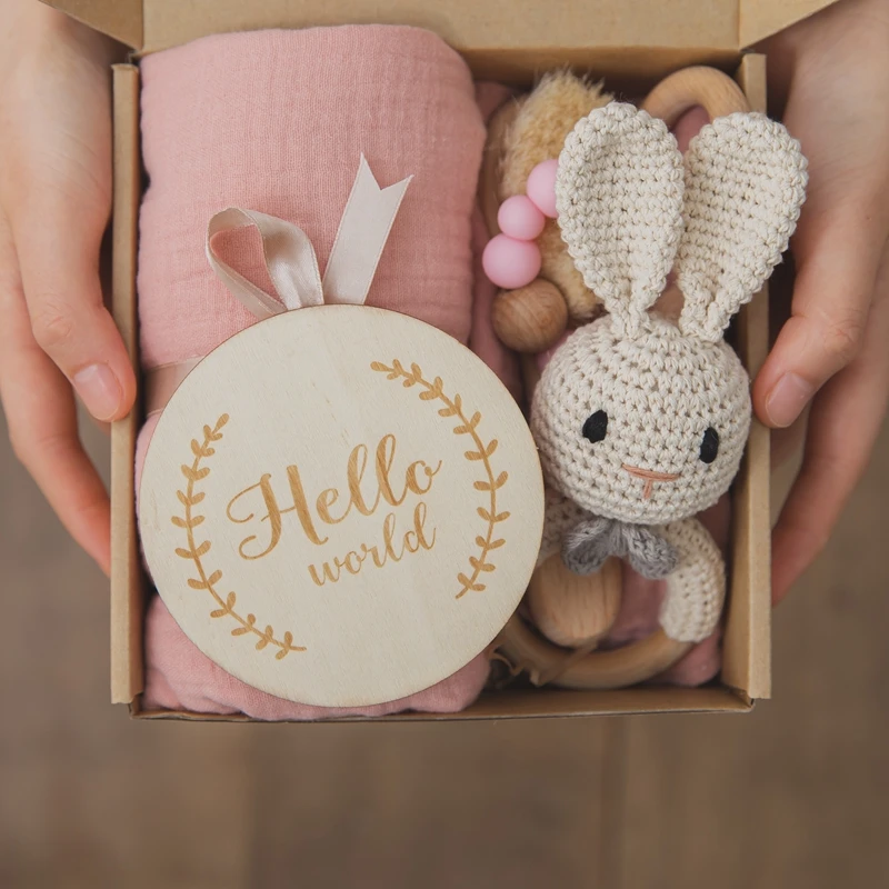 

Baby Photography Props Accessories Wooden Milestone Cards Rabbit Crochet Rattle Bracelet Wooden Ring Teether Toys Bath Towel