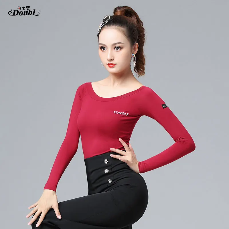 DOUBL Factory Modern Dance Training Dress Red Female Body Dress Top Latin Dance Dress Social Dance Workout Shirt long sleeve