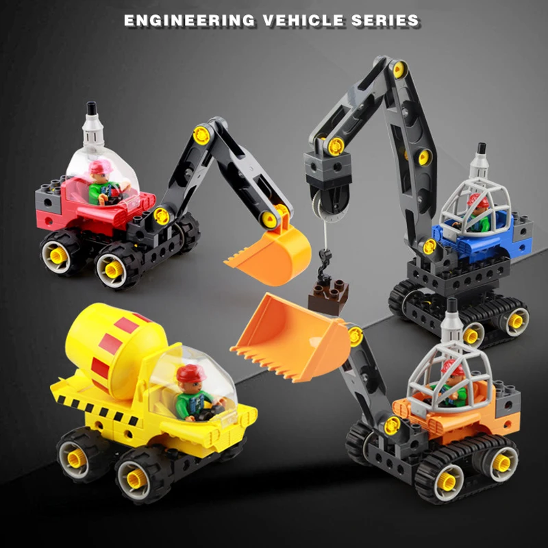 Engineering vehicle excavating and pushing Machinery Group large Particle Building Block screw assembling Educational Toys