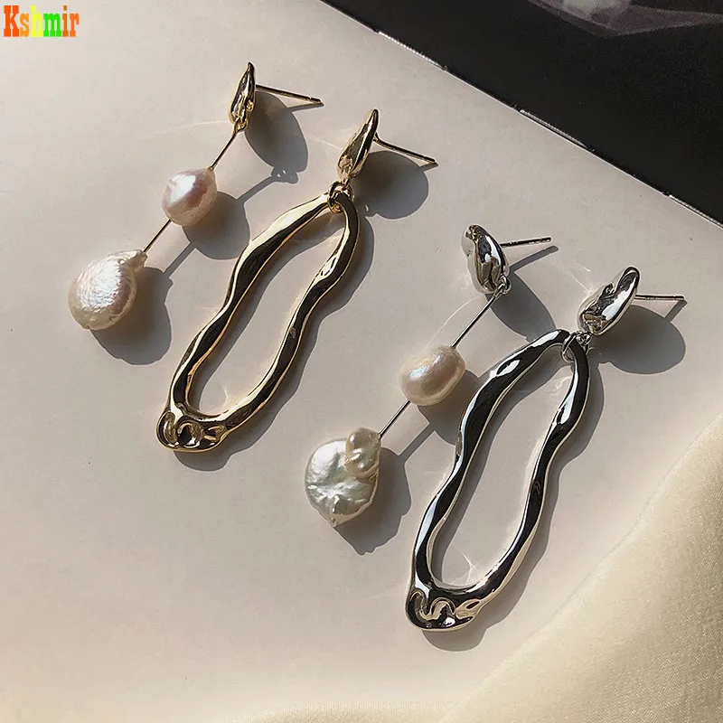 Freshwater Pearl asymmetrical Pendant female Earrings Metal Exaggerated long studs women's Earrings Girl party Jewelry Gift