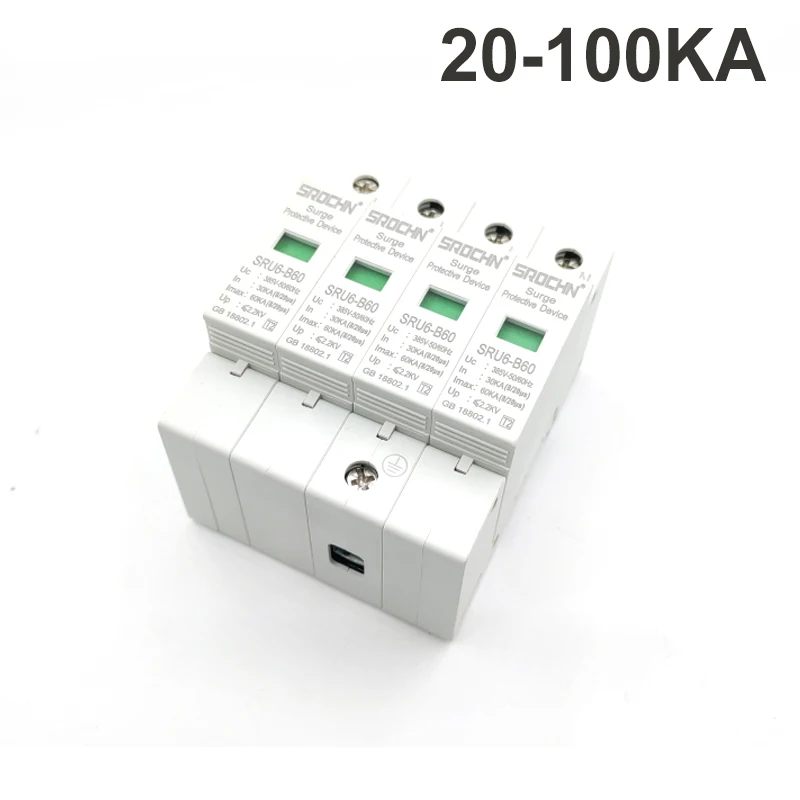 AC SPD 1P 2P 3P 4P 20-100 KA 220V 385V House Lightning Surge Protector Protective Low-voltage Arrester Device OEM Factory