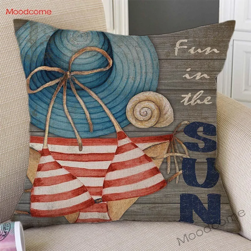 Retro European Style Beach Time Bikini Anchor Lighthouse Sunglasses Life Buoy Decorative Pillow Case Vintage Art Cushion Cover