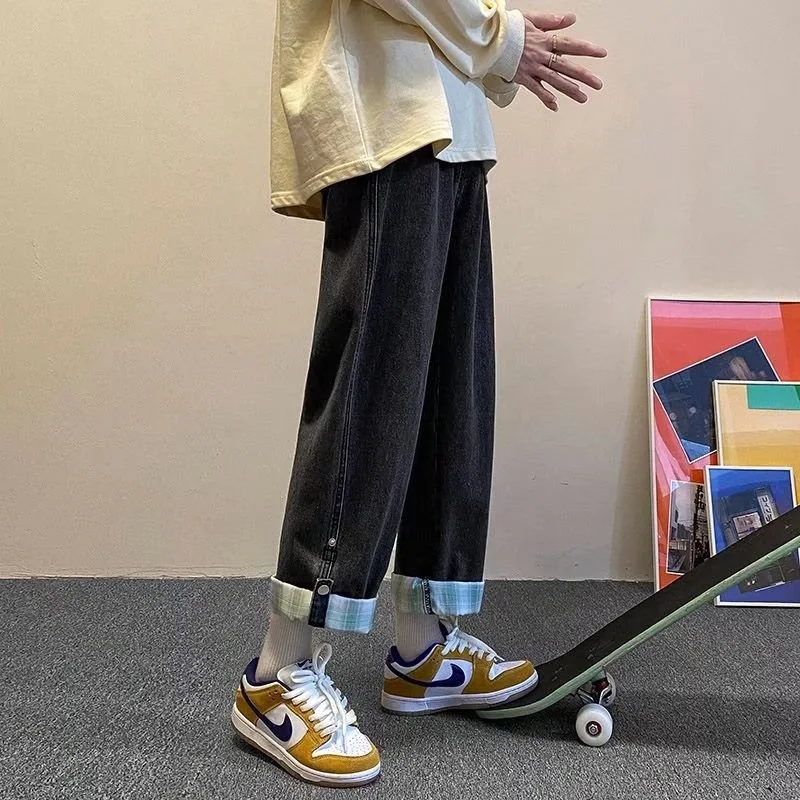 Loose straight jeans men's spring and autumn new fashion brand ins loose and versatile snap buckle Plaid hem nine point pants