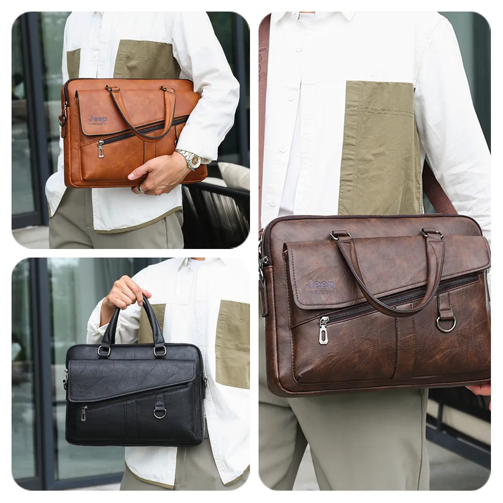 JEEP BULUO New Men Briefcase Split Leather Laptop Bag 14\