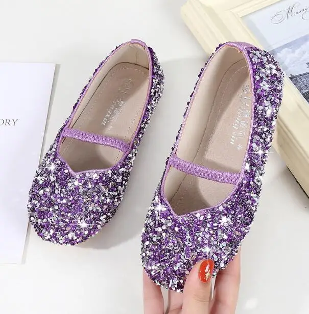 Kids Dress Shoes Size 23-36 Girls Sequins Flats Purple Pink Silver Color crystal Design Princess Dance Shoes Casual Mocassins