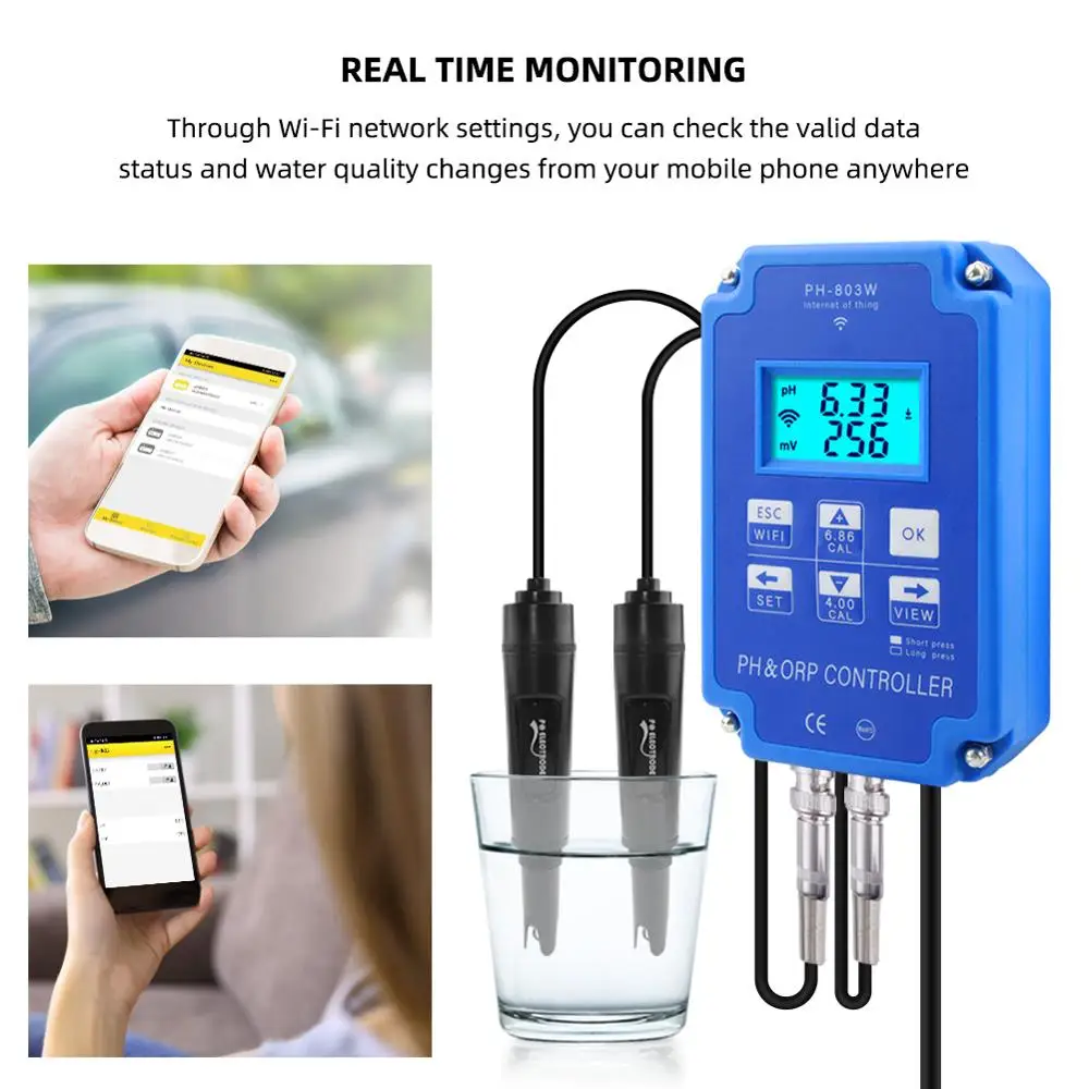 PH-803W Wifi Monitoring Digital PH&ORP Controller BNC Probe Water Quality Tester for Hydroponics, Swimming Pool, Aquarium