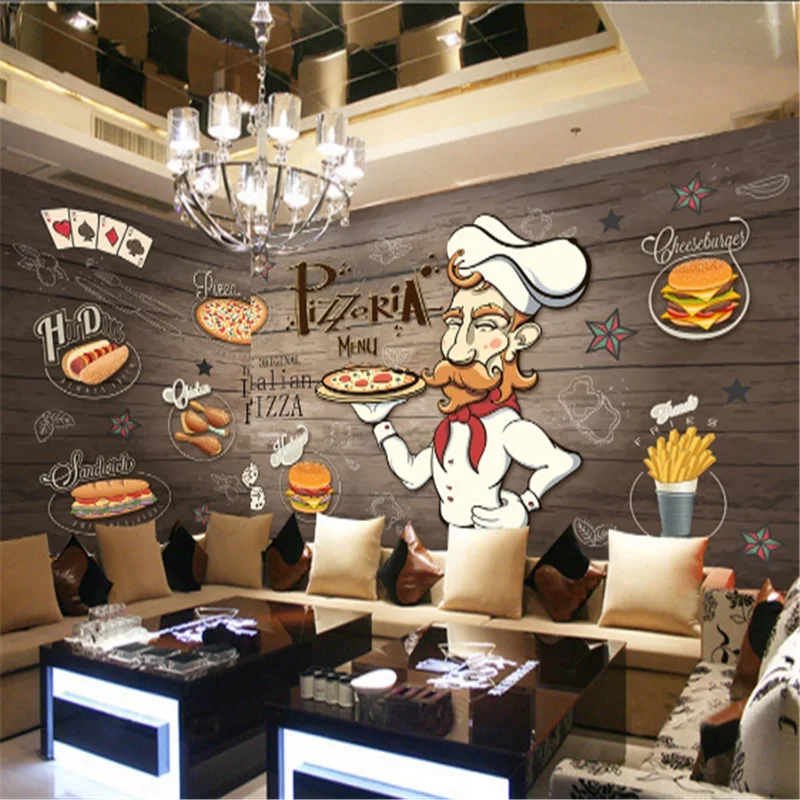 Custom French fries Pizza Wall Paper 3D Burgers Western Fast Food Restaurant black Background Wall Mural Wallpaper 3D Snack Bar