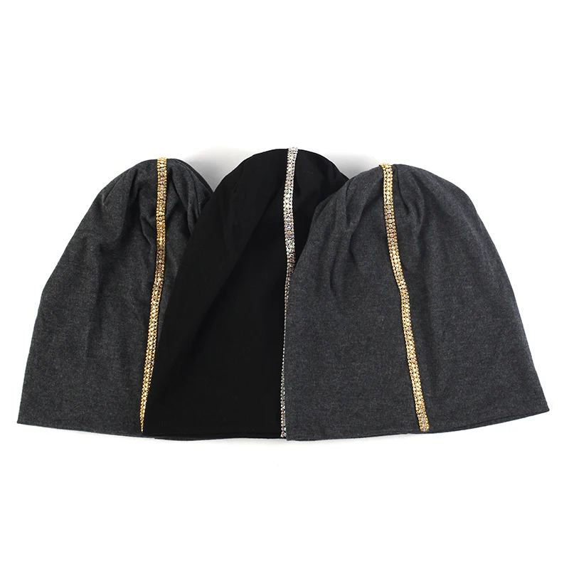 New Fashion Cotton Metal Rhinestones Skullies Stretch Casual Beanies Women With Webbing Hat Female Autumn Bonnets Caps