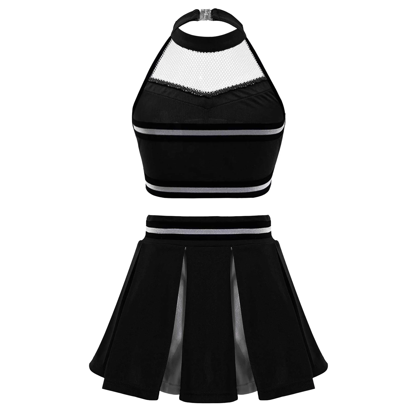 Big Girls Cheer Leader Uniform Dance Sets Halter Crop Top with Pleated Mini Skirts High School Soccer Baby Dance Dress for Stage