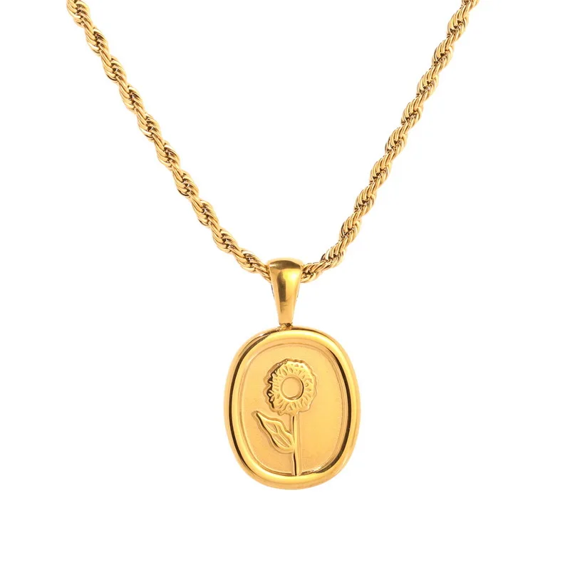 

316L Stainless Steel New Fashion Fine Jewelry Vintage Oval Tag Flowers Charms Thick Chain Choker Necklaces & Pendants For Women