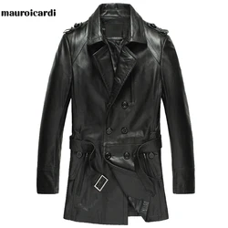 Mauroicardi Autumn Black Pu Leather Trench Coat for Women Long Sleeve Double Breasted Elegant Luxury British Style Fashion 2021