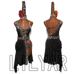 Latin Dance Dress Latin Skirt Competition Dress Costumes Performing Dress Practice Skirt Customize Adult Kids Lady Black Tassel1