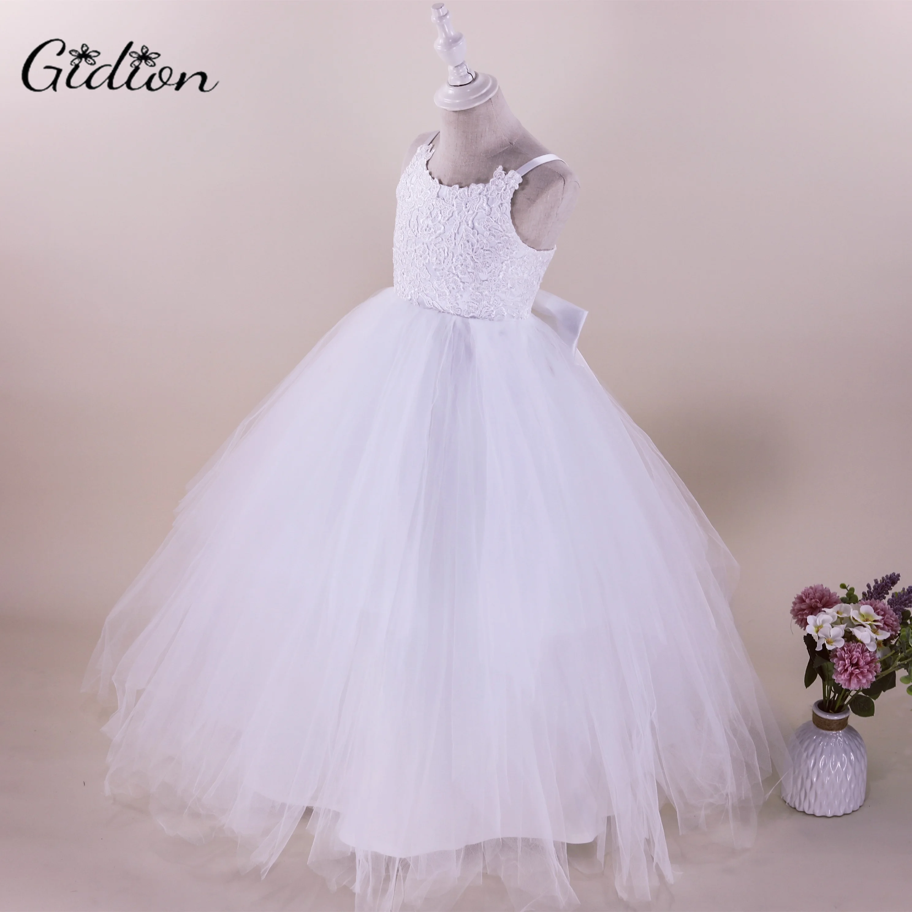 2-14 Years Lace Tulle Flower Girl Dresses For Wedding Sheer Lace Applique Back Girls Pageant Gowns Princess Dresses With Bow