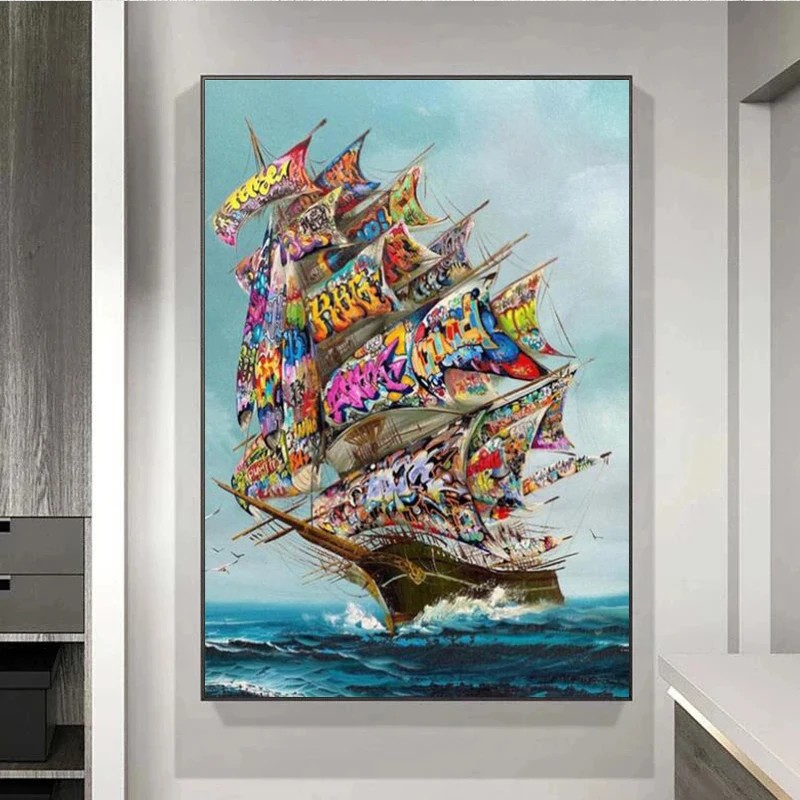 Storm on The Sea Graffiti Art Pirate Ship Vintage Canvas Painting Posters and Prints Living Room Art Wall Decoration Painting