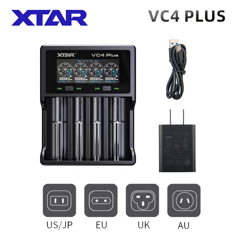 

XTAR VC4 Plus Battery Charger 18650 Charger USB C Fast Charging AAA AA Rechargeable Batteries 18350 21700 20700 Battery Charger